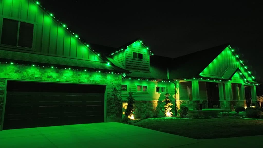 Overhead drone view of permanent LED roofline lighting