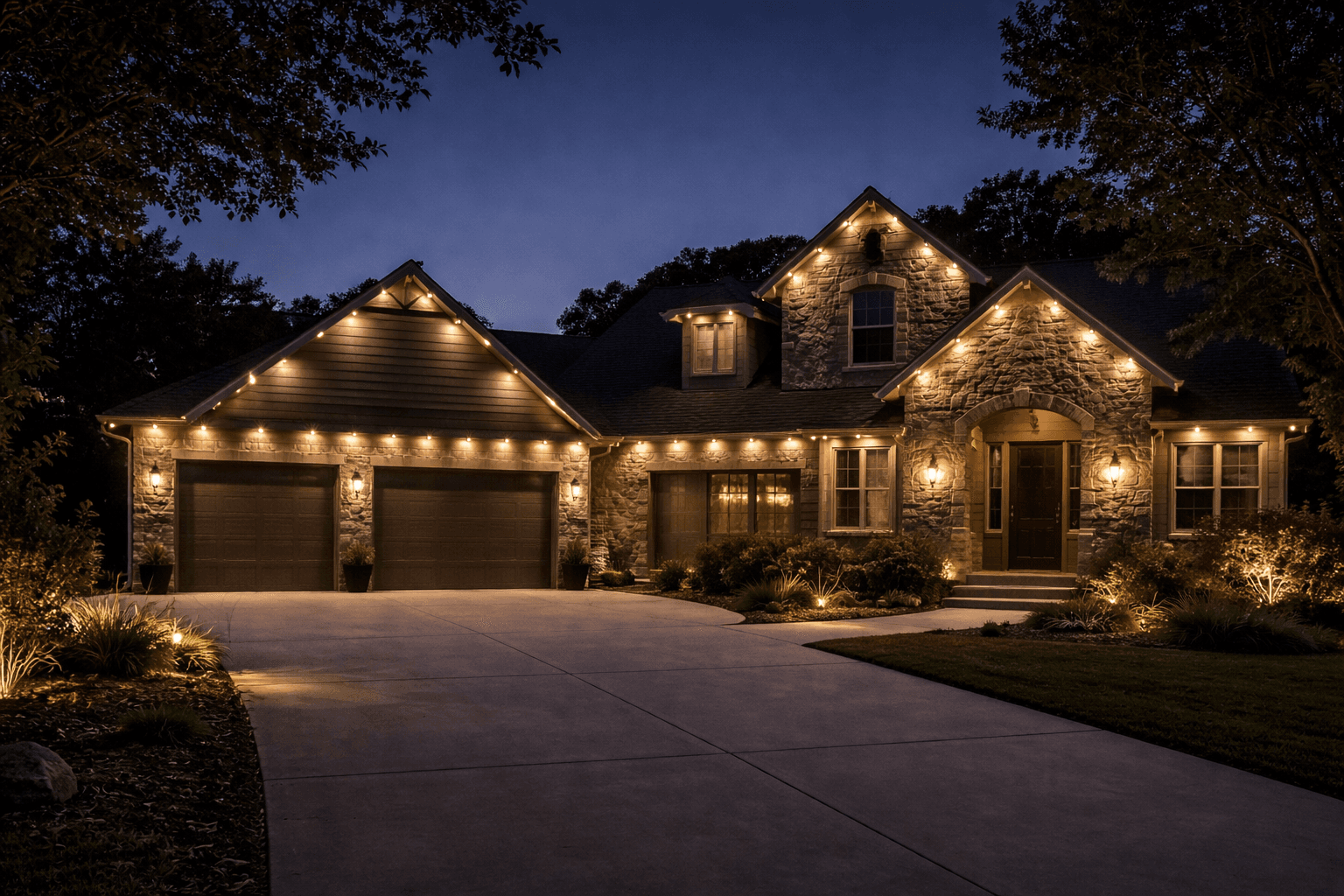 Stone home with warm accent LED roofline lighting