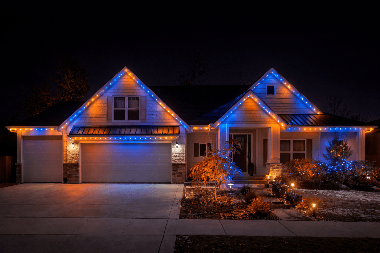 Single story home with Boise State blue and orange game day lighting