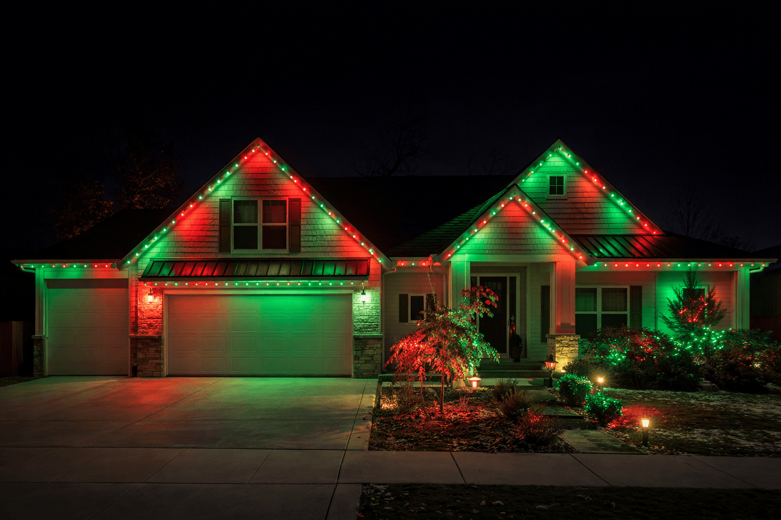 Single story home with minimal red and green holiday lighting