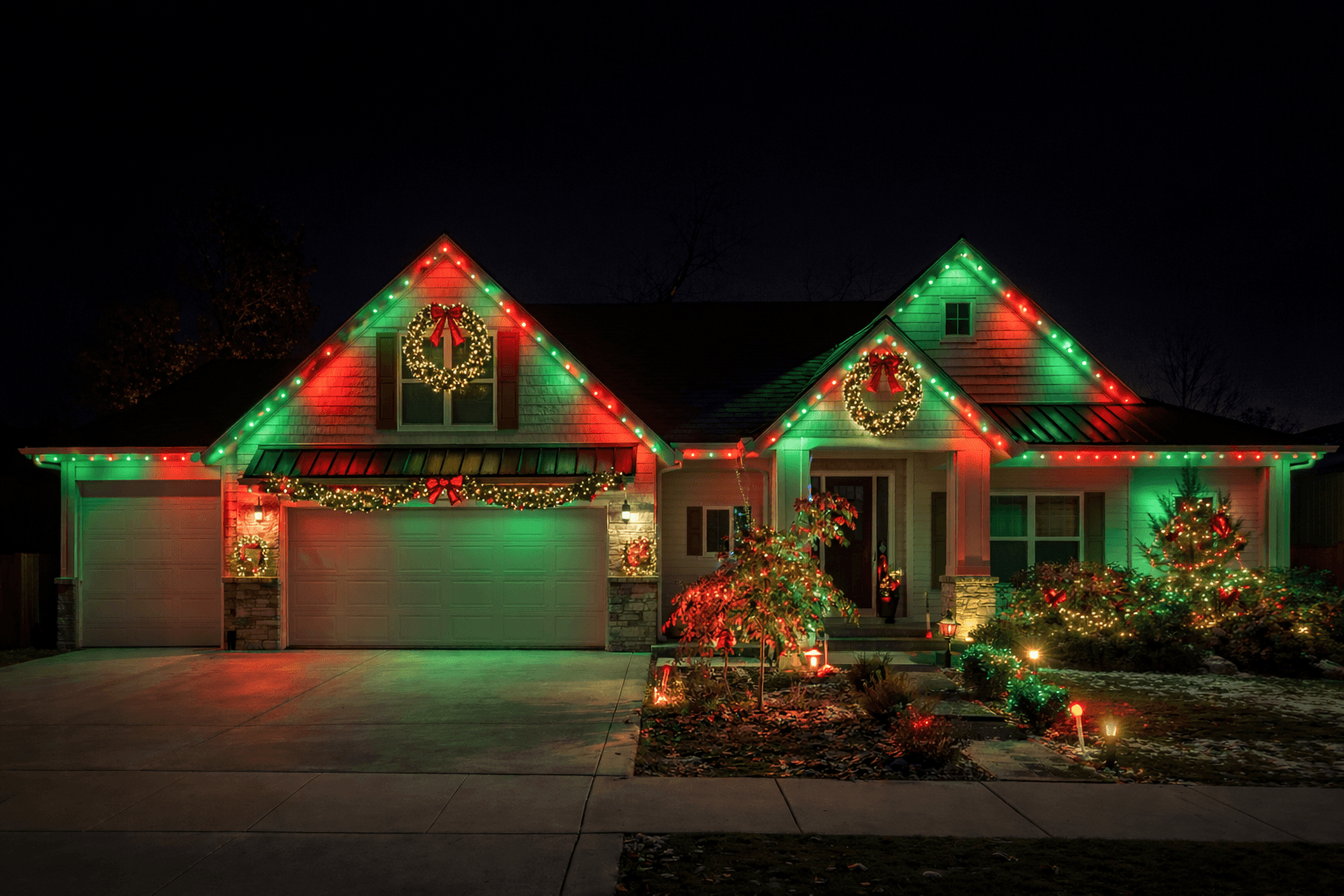 Single story home with red and green Christmas holiday lighting