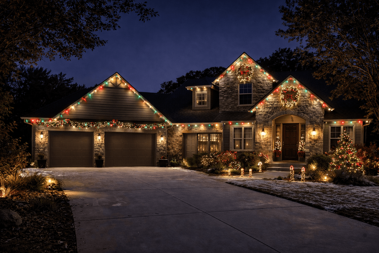 Stone home with red and green Christmas holiday lighting