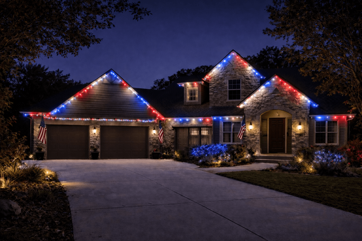 Stone home with patriotic red, white, and blue lighting